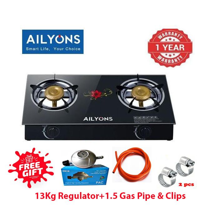 AILYONS Glass Top Double Burner Gas Cooker+FREE 13KG REGULATOR+PIPE+CLIPS(1YR WRTY)