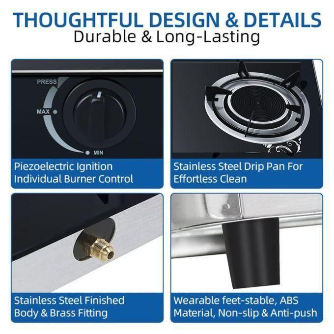 AILYONS Double Burner Gas Cooker  Infrared Heat, Durable Glass Top+FREE 13KG REGULATOR+PIPE+CLIPS