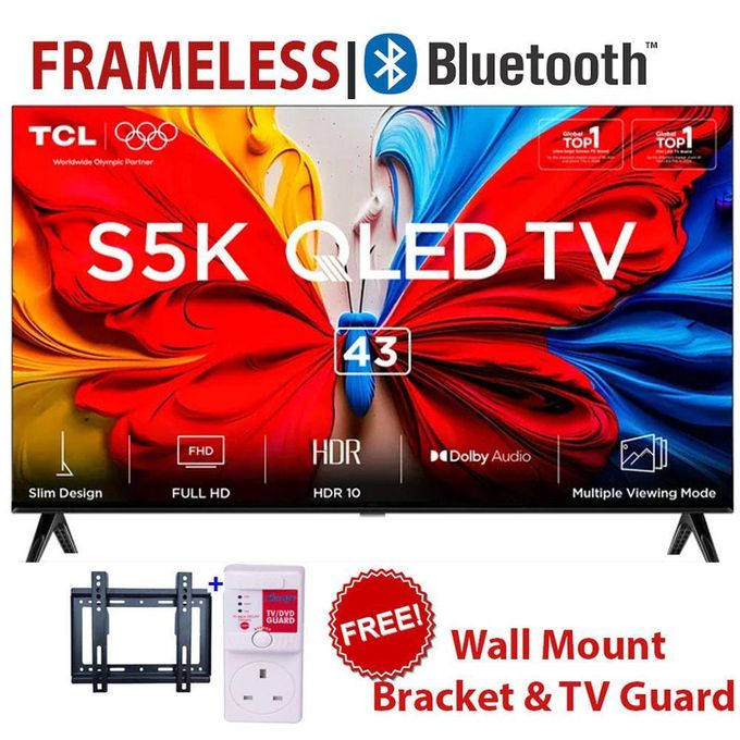 TCL 43 Inch QLED Smart Google TV – 43S5K Full HD Series, Dolby Audio Sound, HDR Visuals, Ultra-Slim Frameless Screen, Wi-Fi, Bluetooth, Netflix, YouTube+FREE WALL BRACKET+TV GUARD