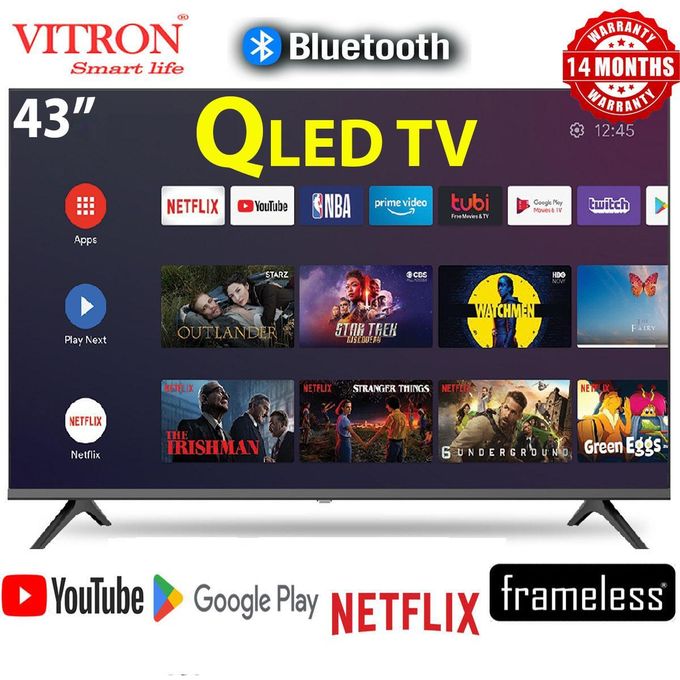 VITRON 43" INCH QLED SMART BLUETOOTH-ENABLED TV , FRAMELESS- FHD1080P,SMART TV ANDROID 11 TV NETFLIX ,YOUTUBE TELEVISION INBUILT DECODER,BUILT-IN WIFI+FREE WALL BRACKET+TV GUARD+EARPODS+RCA&OTG CABLE