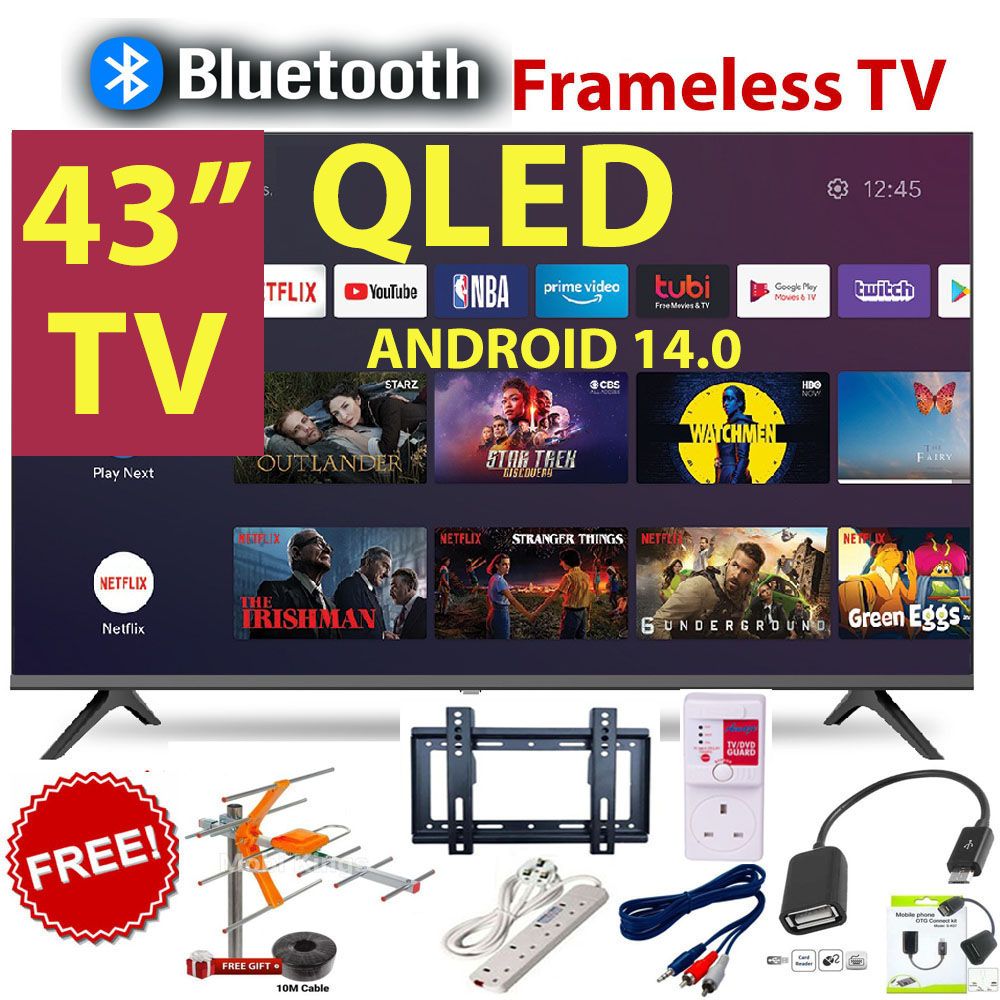 BLUETOOTH-ENABLED VITRON 43" INCH QLED  FRAMELESS FHD SMART TV ANDROID TV NETFLIX ,YOUTUBE TELEVISION INBUILT DECODER , BUILT-IN WIFI, APP STORE 1GB-RAM 8GB-ROM 2*USB PORTS,3*HDMI+6 FREE GIFTS