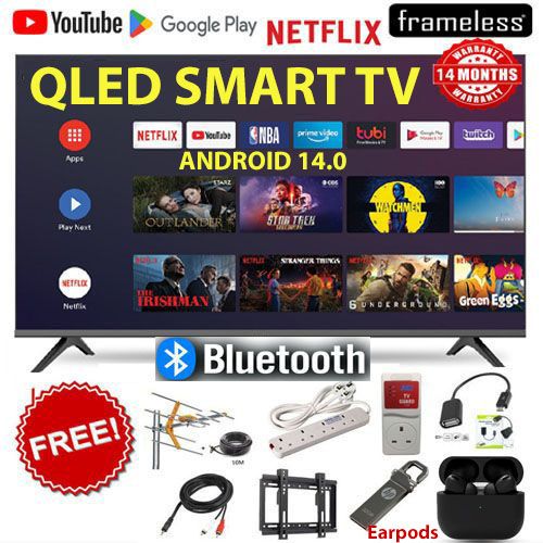 BLUETOOTH-ENABLED  VITRON 43" INCH QLED FRAMELESS FHD SMART TV ANDROID TV NETFLIX ,YOUTUBE TELEVISION INBUILT DECODER , BUILT-IN WIFI, APP STORE 1GB-RAM 8GB-ROM 2*USB PORTS,3*HDMI+FREE ACCESSORIES