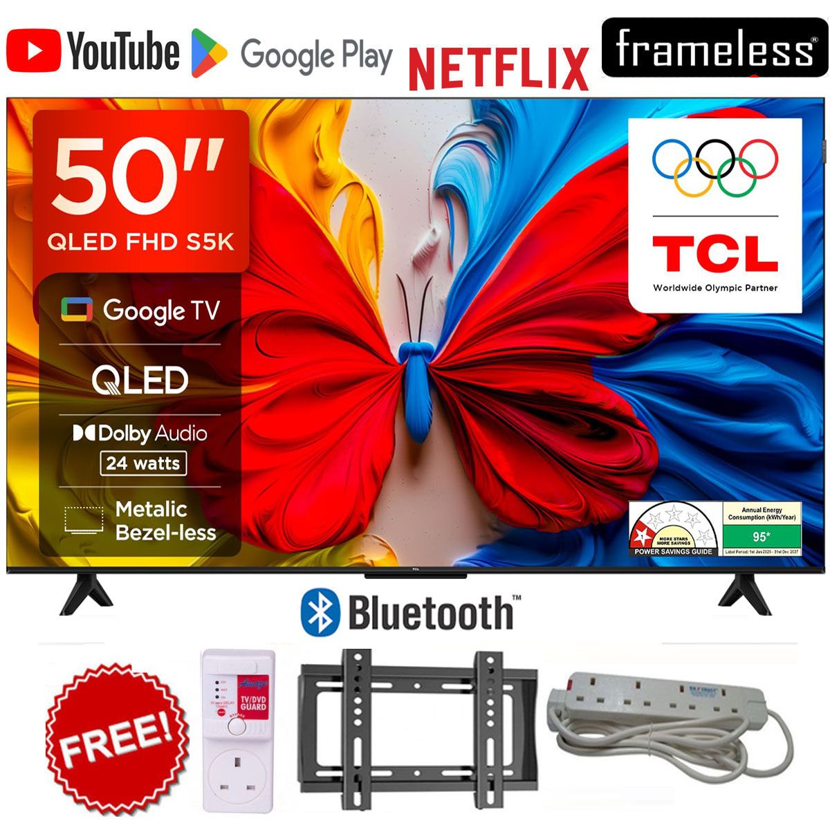 TCL 50" Inch QLED Google TV Smart Full HD Android TV, WiFi, Bluetooth, HDMI/USB, Netflix, YouTube, Dolby Audio+FREE TV GUARD+EXTENSION+1YR WRTY
