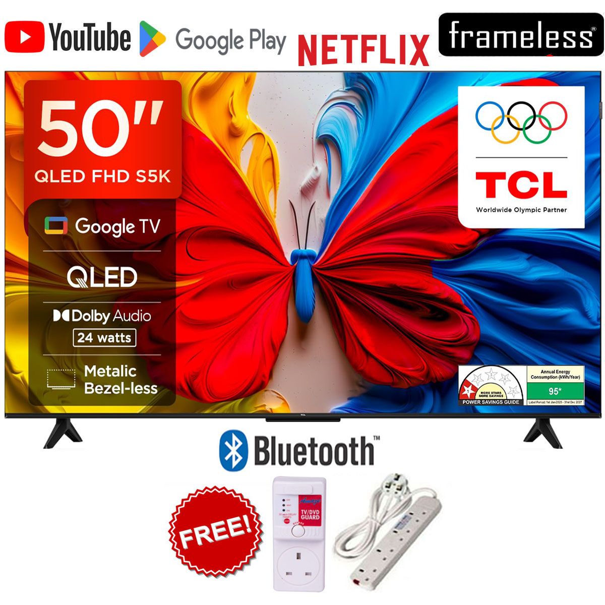 TCL 50" Inch QLED Google TV Smart Full HD Android TV, WiFi, Bluetooth, HDMI/USB, Netflix, YouTube, Dolby Audio+FREE TV GUARD+EXTENSION