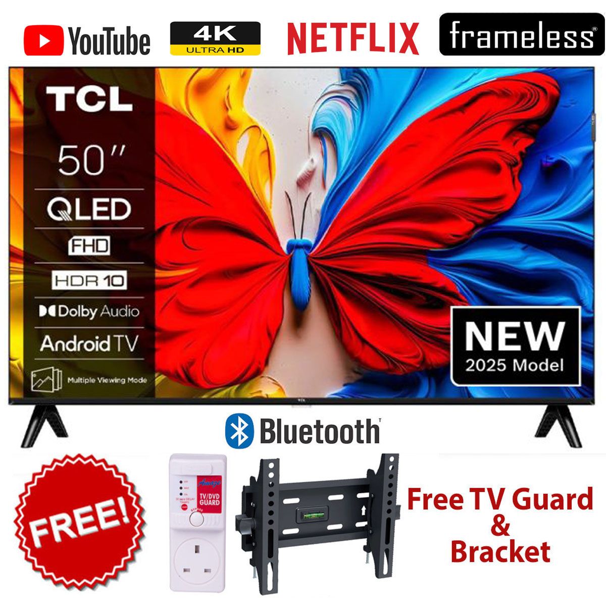 TCL 50" Inch QLED FHD Smart Google TV,BLUETOOTH-ENABLED/FRAMELESS,YOUTUBE,NETFLIX+FREE TILT BRACKET+TV GUARD