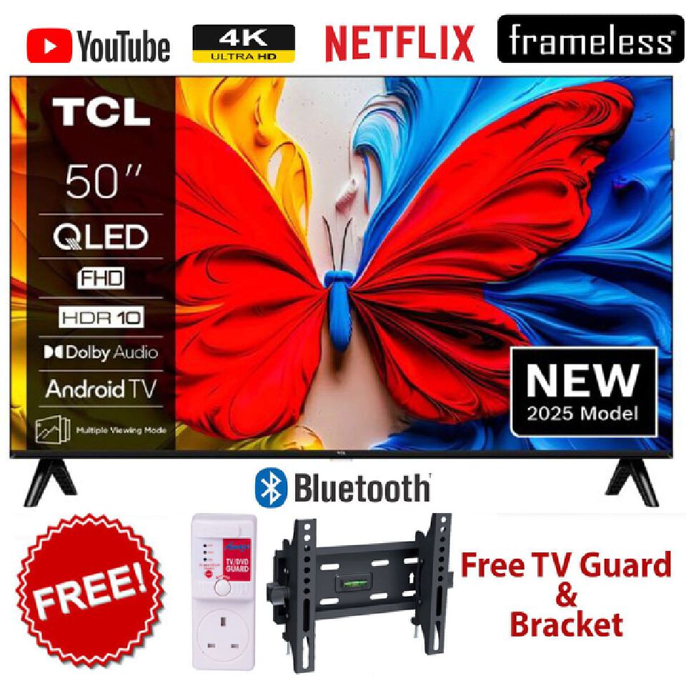 TCL 50" Inch QLED FHD Smart Google TV,BLUETOOTH-ENABLED/FRAMELESS,YOUTUBE,NETFLIX+FREE TILT BRACKET+TV GUARD