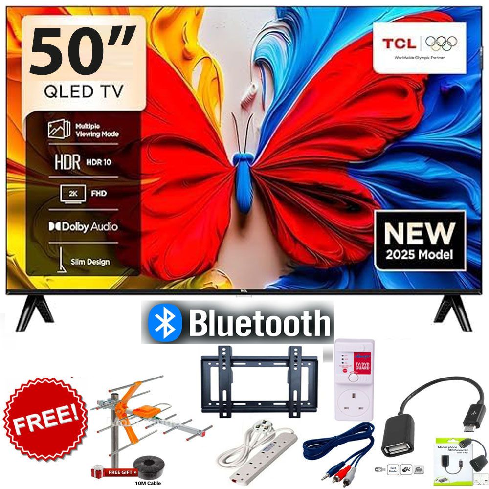 TCL 50S5K 50" Inch QLED Smart Google Television (2025 Model), Full HD Resolution, Wireless WiFi, Bluetooth Connectivity, HDMI, USB, Voice Assistant Support +6 FREE ACCESSORIES+1YR WRTY