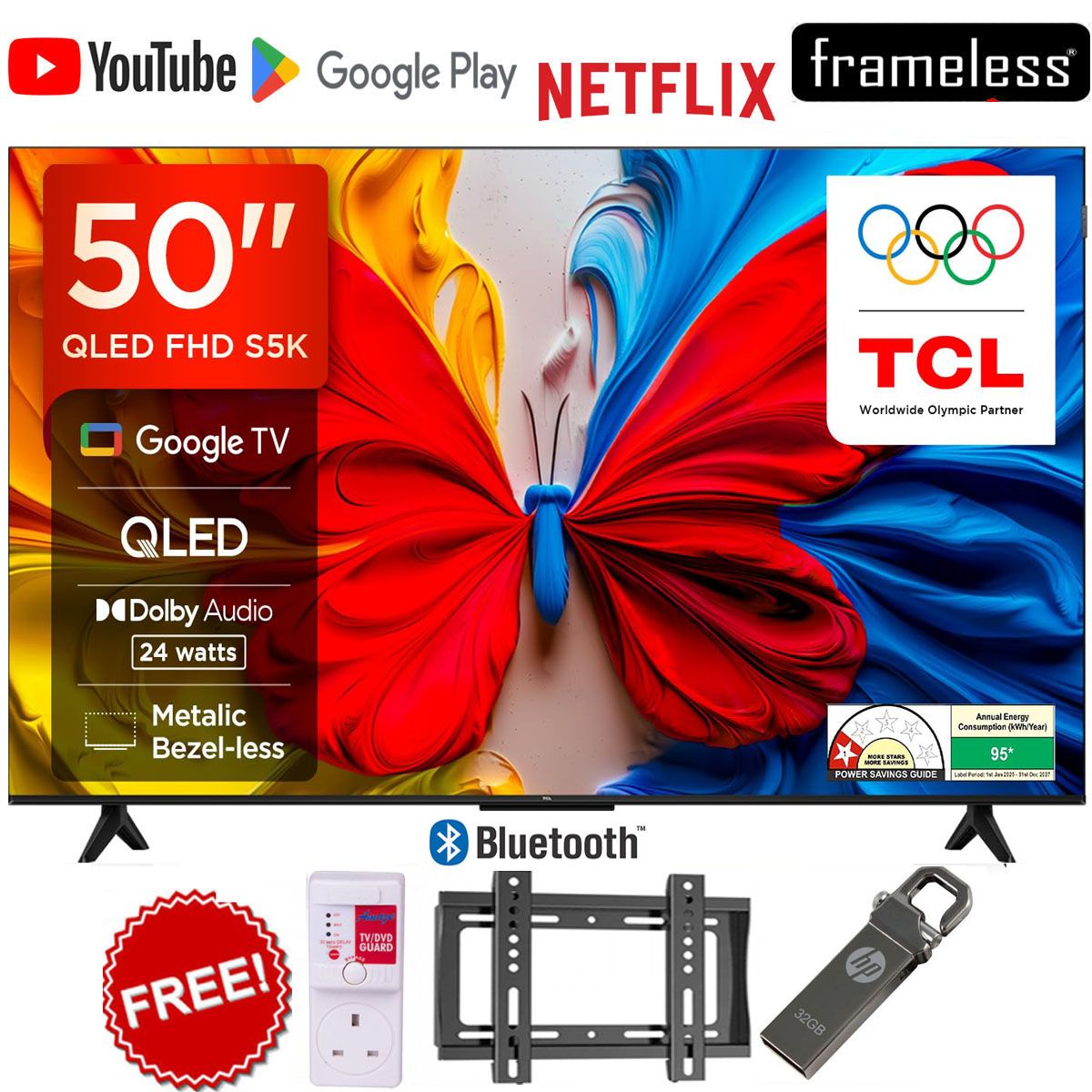 TCL  50" QLED Google TV 2025 Edition, Full HD Smart Android Television, WiFi Enabled, Bluetooth Streaming, Multiple HDMI & USB Ports, Crystal Clear Display + Free Bracket, TV Guard&Flash Disk