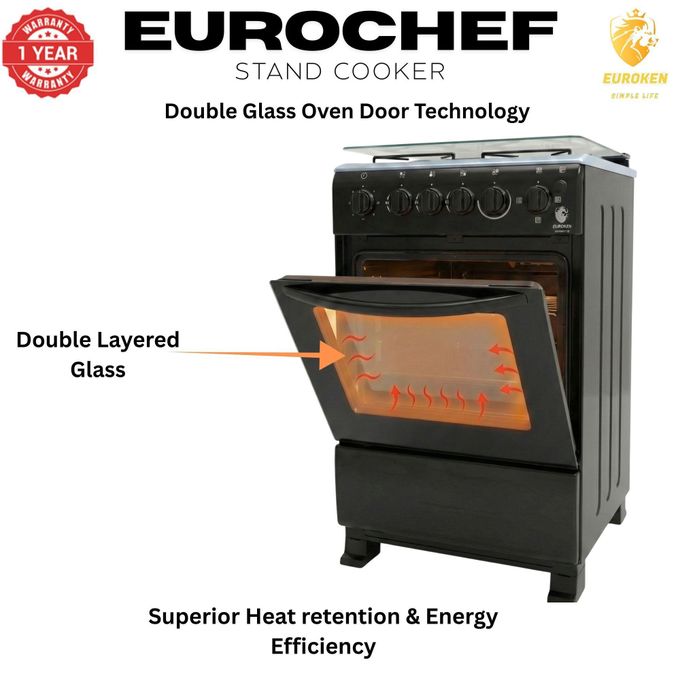 Euroken Free Standing Gas Cooker - 50 X 55, 3 Gas Jet Burners + 1 Hot Plate, Electric Oven & Rotisserie