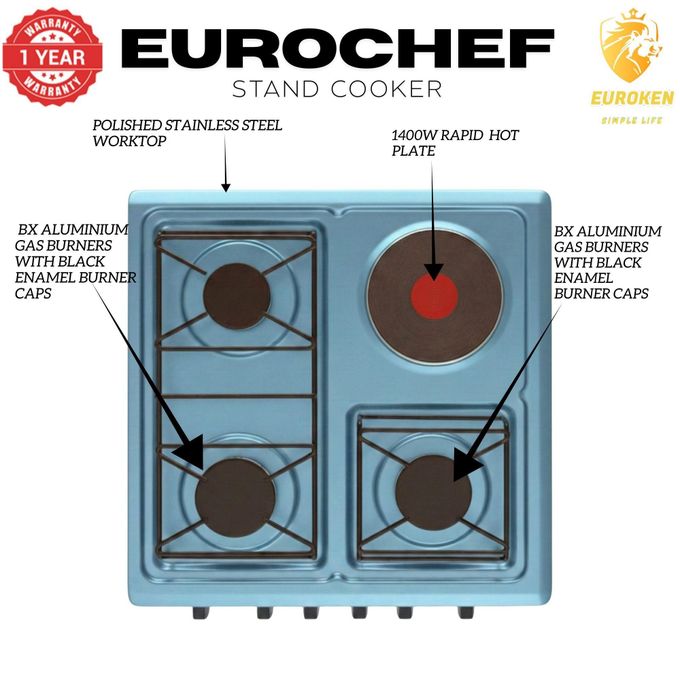 Euroken 50 by 50, 3 Gas + 1 Hot Plate, Electric Oven Cooker