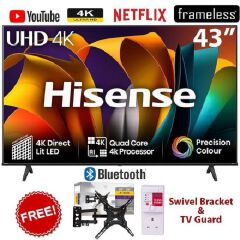 Hisense 43" Inch SMART TV, A6 Series, 43A6, UHD 4K, FRAMELESS Smart TV-NETFLIX,YOUTUBE,PRIMEVIDEO,NATURAL COLOR ENHNANCER-BLUETOOTH CONNECTIVITY, BUILT-IN WIFI, INBUILT DECODER,VIDAA OS+FREE GIFTS