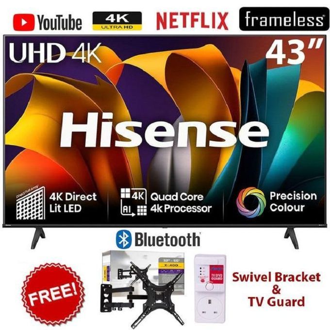 Hisense 43" Inch SMART TV, A6 Series, 43A6, UHD 4K, FRAMELESS Smart TV-NETFLIX,YOUTUBE,PRIMEVIDEO,NATURAL COLOR ENHNANCER-BLUETOOTH CONNECTIVITY, BUILT-IN WIFI, INBUILT DECODER,VIDAA OS+FREE GIFTS