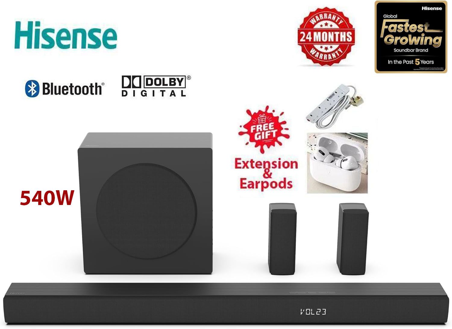 Hisense HS5100 540W 5.1CH Soundbar ,Dolby Audio & DTS Virtual:X, Bluetooth Home Cinema System+Free Extension+Earpods(2YRS WARRANTY)
