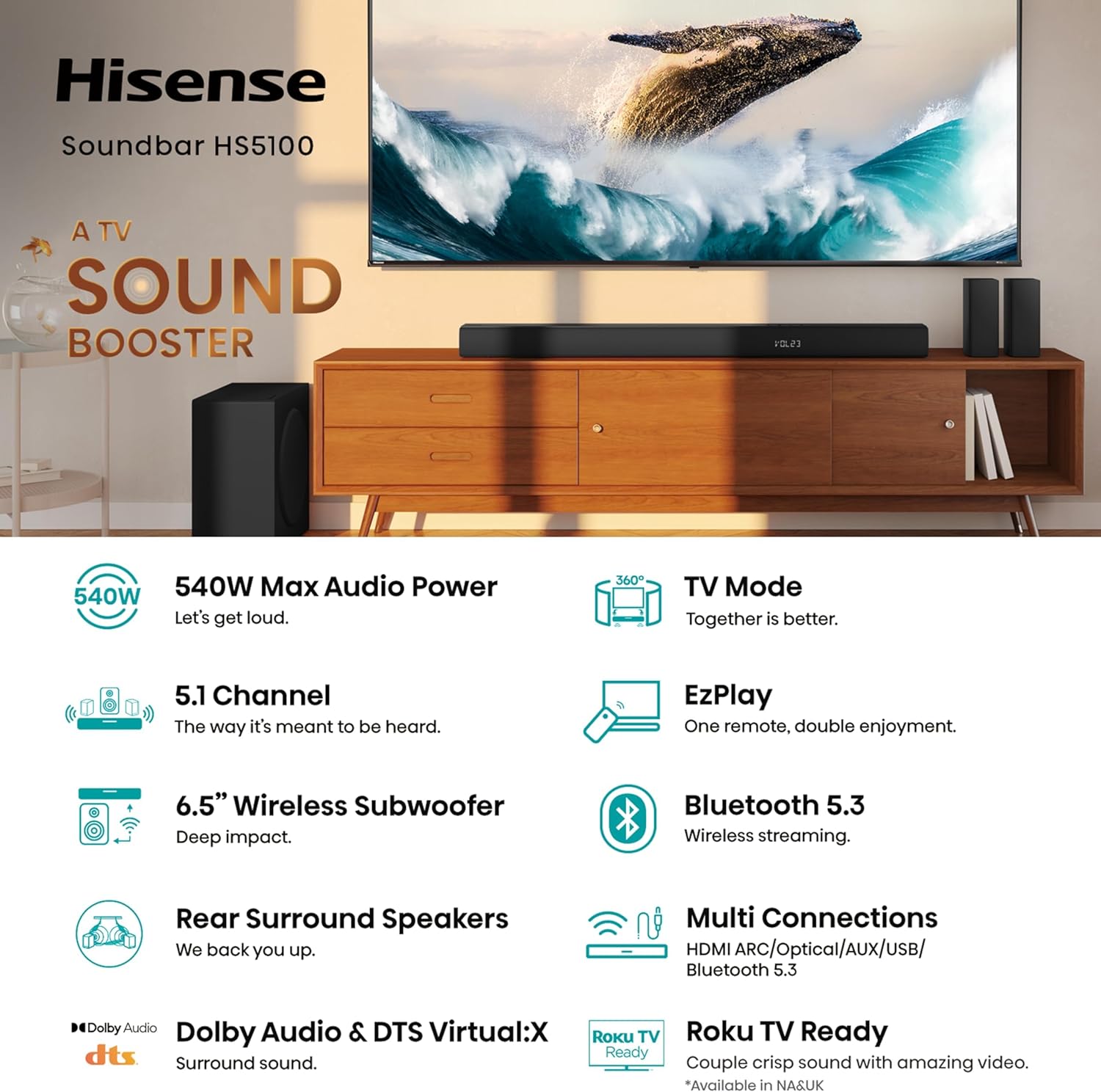 Hisense HS5100 540W 5.1CH Soundbar ,Dolby Audio & DTS Virtual:X, Bluetooth Home Cinema System+Free Extension+Earpods(2YRS WARRANTY)