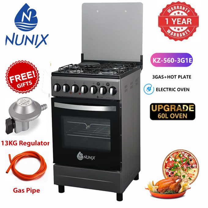 Nunix 50*55, 3 Gas Jet Pool Burners + 1 Rapid Plate, Free Standing Cooker With Electric Oven+ 13 KG Gas Regulator and Pipe