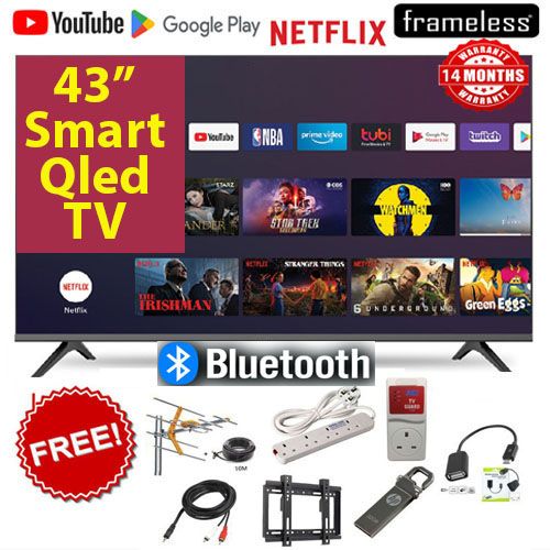 BLUETOOTH VITRON HTC4300QFS , 43" INCH FRAMELESS FULL- HD SMART TV ANDROID TV NETFLIX ,YOUTUBE TELEVISION INBUILT DECODER , BUILT-IN WIFI, APP STORE 1GB-RAM 8GB-ROM 2*USB PORTS,3*HDMI+FREE 7 GIFTS