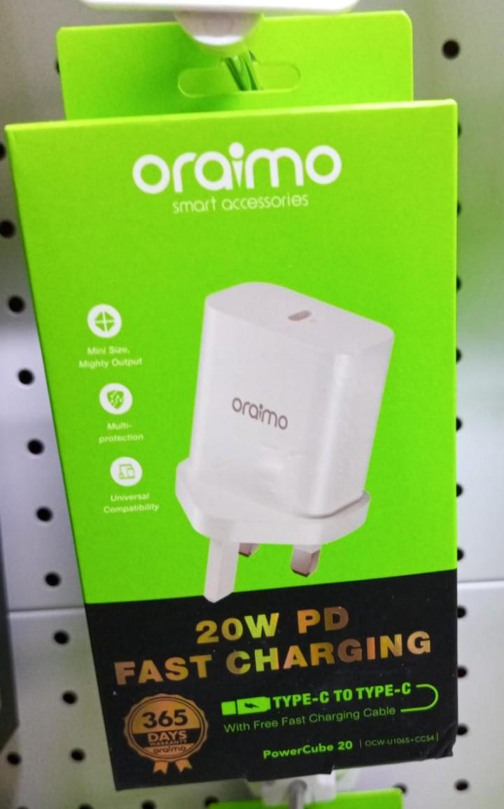 Oraimo Charger, 20W PD Fast Charging. Type C to Type C