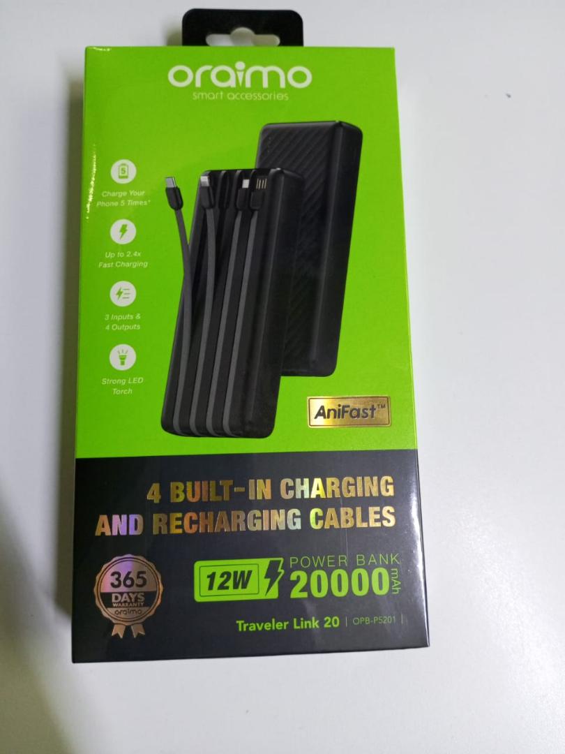 Oraimo 20000mAH, 5 Built in Charging & Recharging Cables.