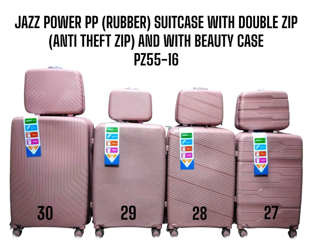 4 in 1 JAZZ POWER PP* *(RUBBER) SUITCASE* *WITH DOUBLE ZIP (ANTI* THEFT ZIP) AND WITH BEAUTY CASE.PZ55-16 Stylish travel suitcase made from durable fibre
Comes with a set 360-degree wheels for conveni