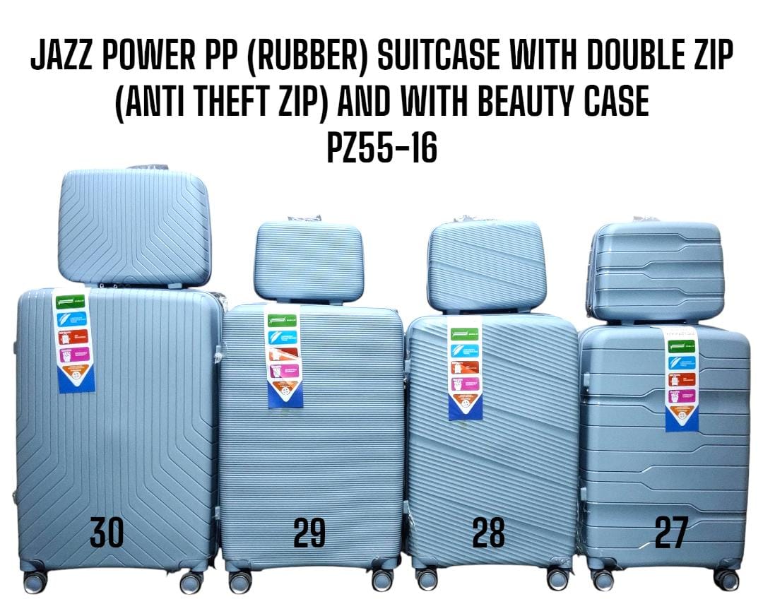 4 in 1 JAZZ POWER PP* *(RUBBER) SUITCASE* *WITH DOUBLE ZIP (ANTI* THEFT ZIP) AND WITH BEAUTY CASE.PZ55-16 Stylish travel suitcase made from durable fibre
Comes with a set 360-degree wheels for conveni