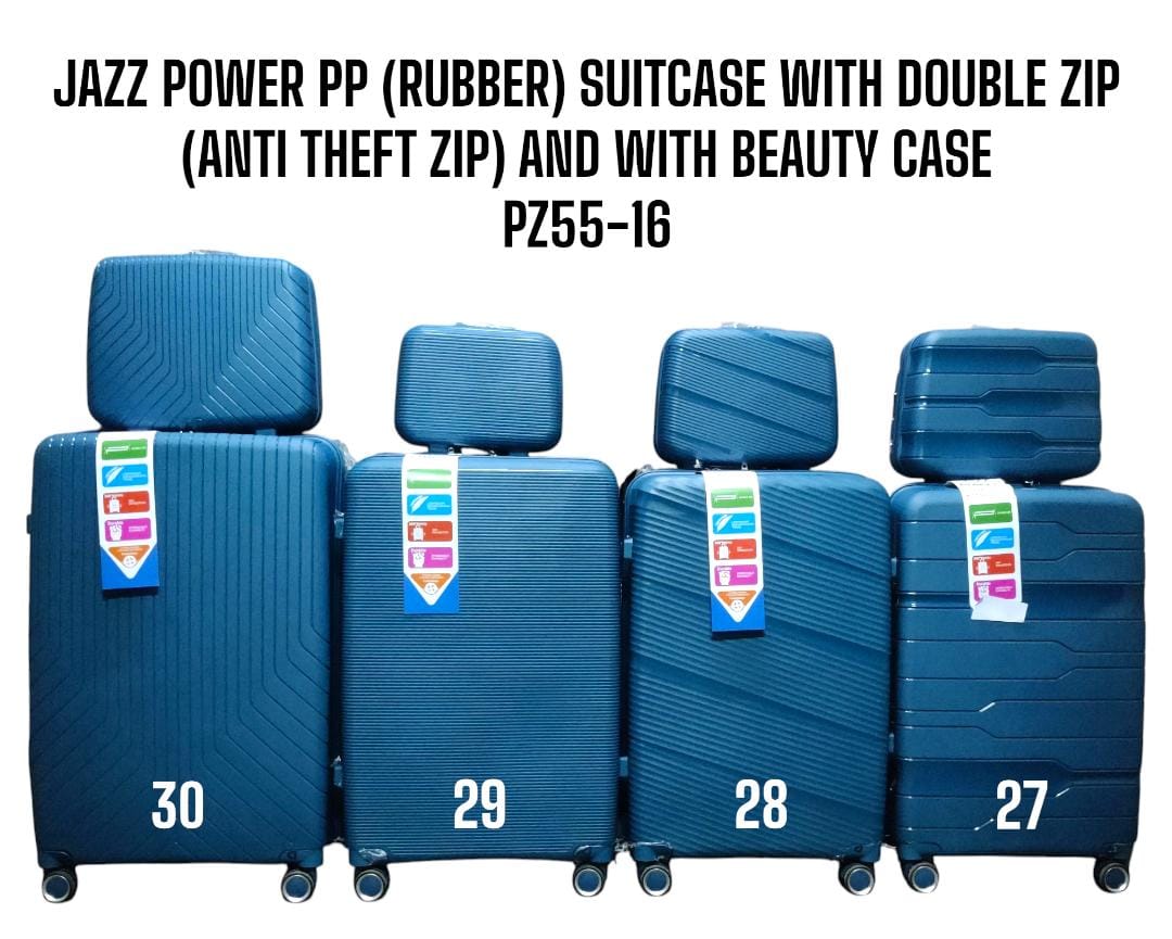 4 in 1 JAZZ POWER PP* *(RUBBER) SUITCASE* *WITH DOUBLE ZIP (ANTI* THEFT ZIP) AND WITH BEAUTY CASE.PZ55-16 Stylish travel suitcase made from durable fibre
Comes with a set 360-degree wheels for conveni