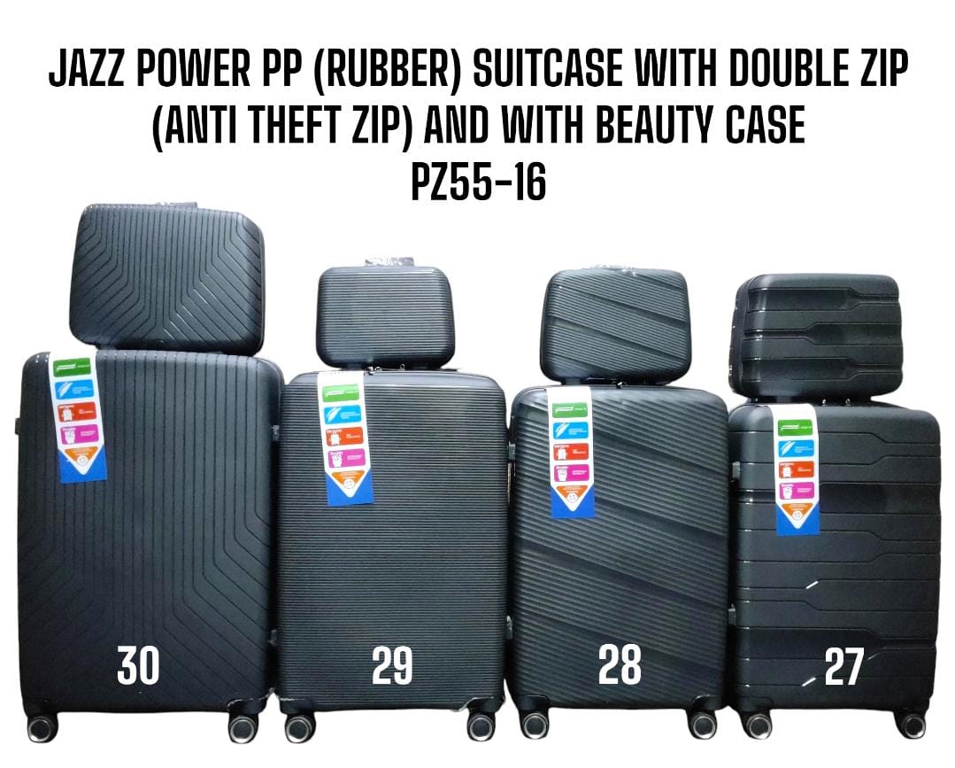 4 in 1 JAZZ POWER PP* *(RUBBER) SUITCASE* *WITH DOUBLE ZIP (ANTI* THEFT ZIP) AND WITH BEAUTY CASE.PZ55-16 Stylish travel suitcase made from durable fibre
Comes with a set 360-degree wheels for conveni