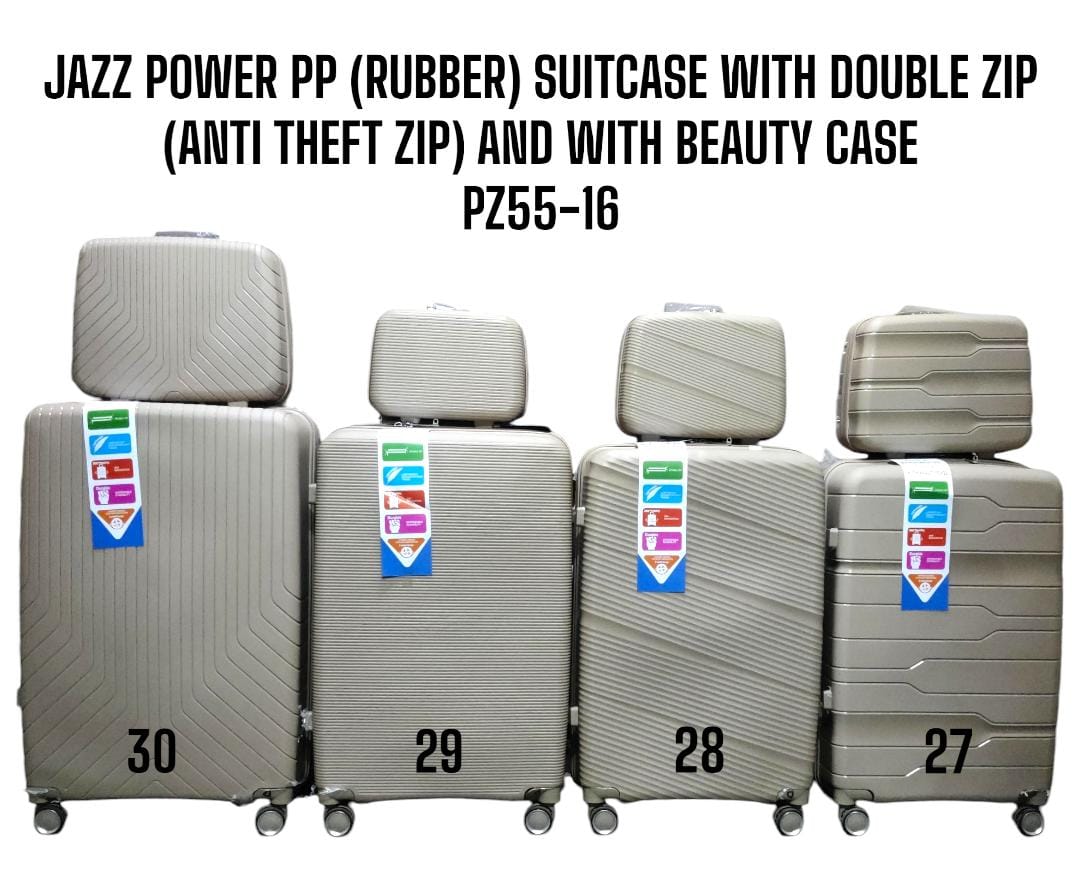 4 in 1 JAZZ POWER PP* *(RUBBER) SUITCASE* *WITH DOUBLE ZIP (ANTI* THEFT ZIP) AND WITH BEAUTY CASE.PZ55-16 Stylish travel suitcase made from durable fibre
Comes with a set 360-degree wheels for conveni