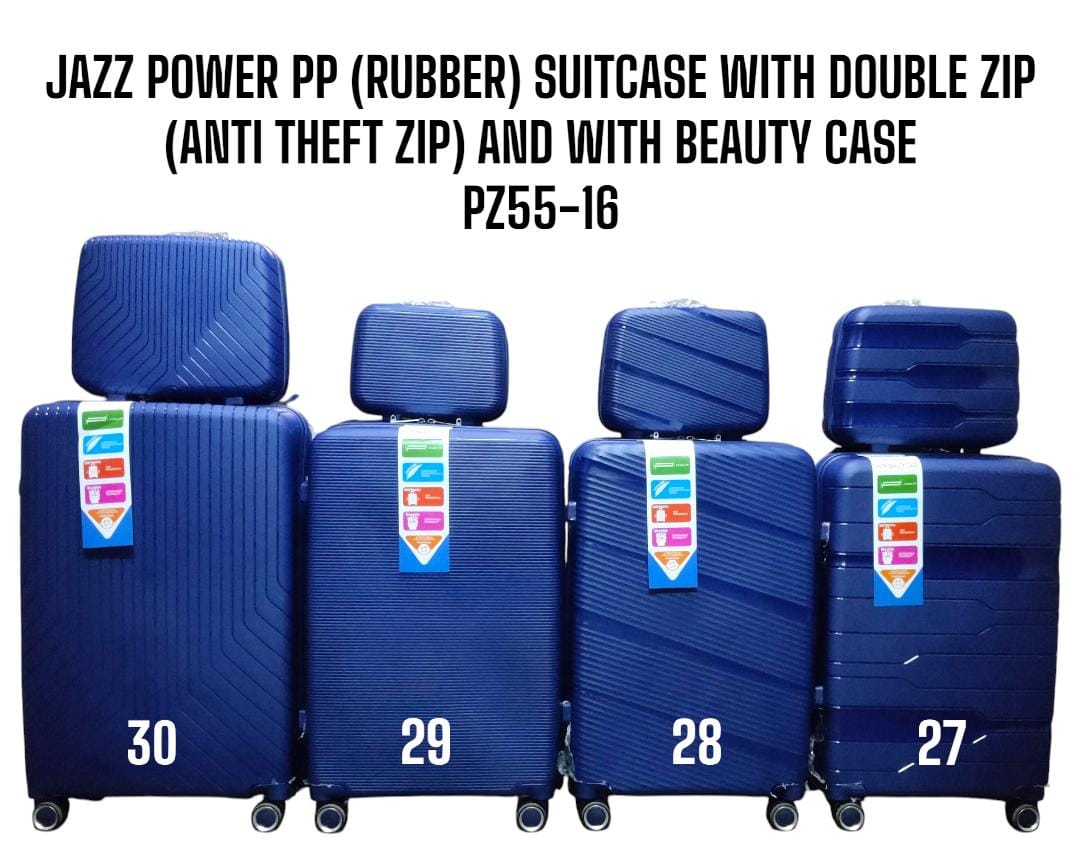 4 in 1 JAZZ POWER PP* *(RUBBER) SUITCASE* *WITH DOUBLE ZIP (ANTI* THEFT ZIP) AND WITH BEAUTY CASE.PZ55-16 Stylish travel suitcase made from durable fibre
Comes with a set 360-degree wheels for conveni