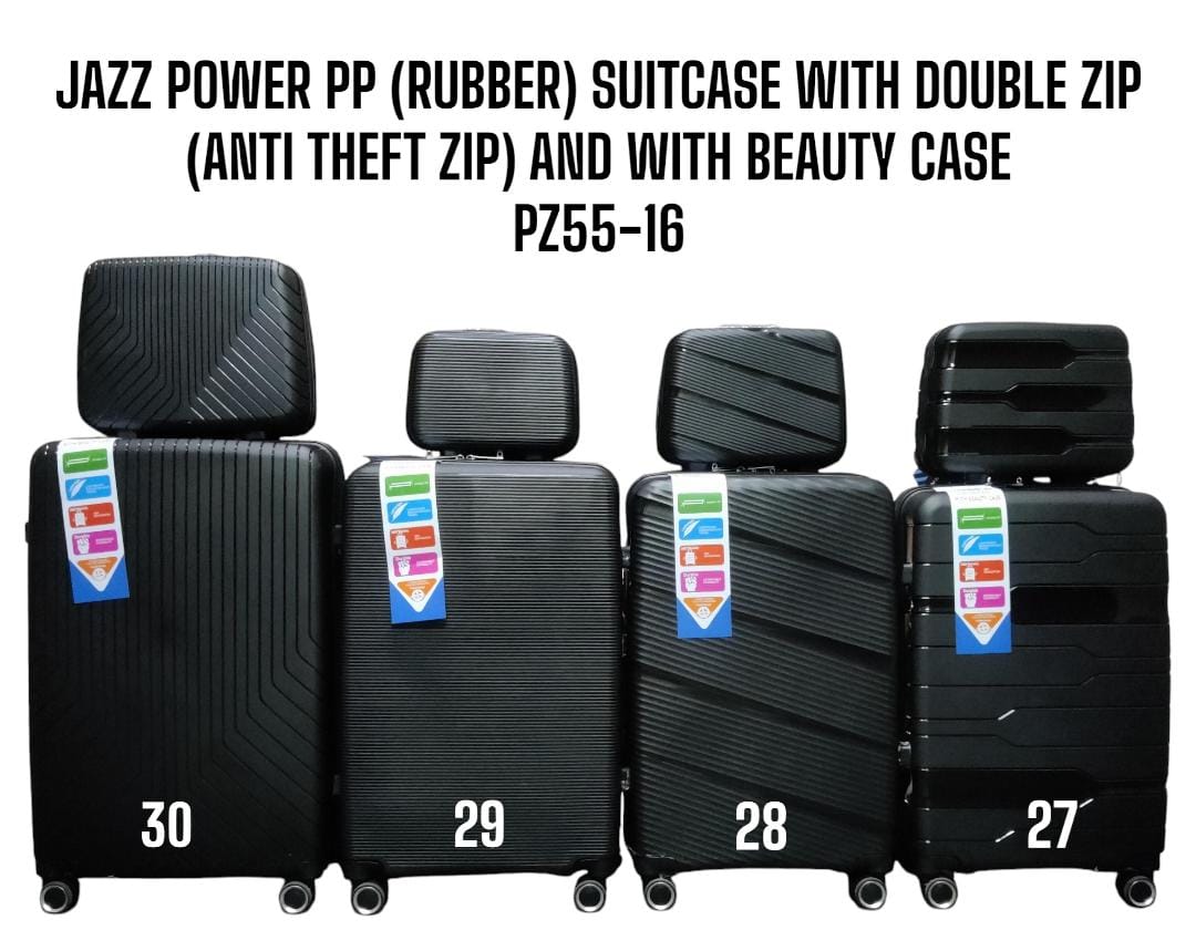 4 in 1 JAZZ POWER PP* *(RUBBER) SUITCASE* *WITH DOUBLE ZIP (ANTI* THEFT ZIP) AND WITH BEAUTY CASE.PZ55-16 Stylish travel suitcase made from durable fibre
Comes with a set 360-degree wheels for conveni