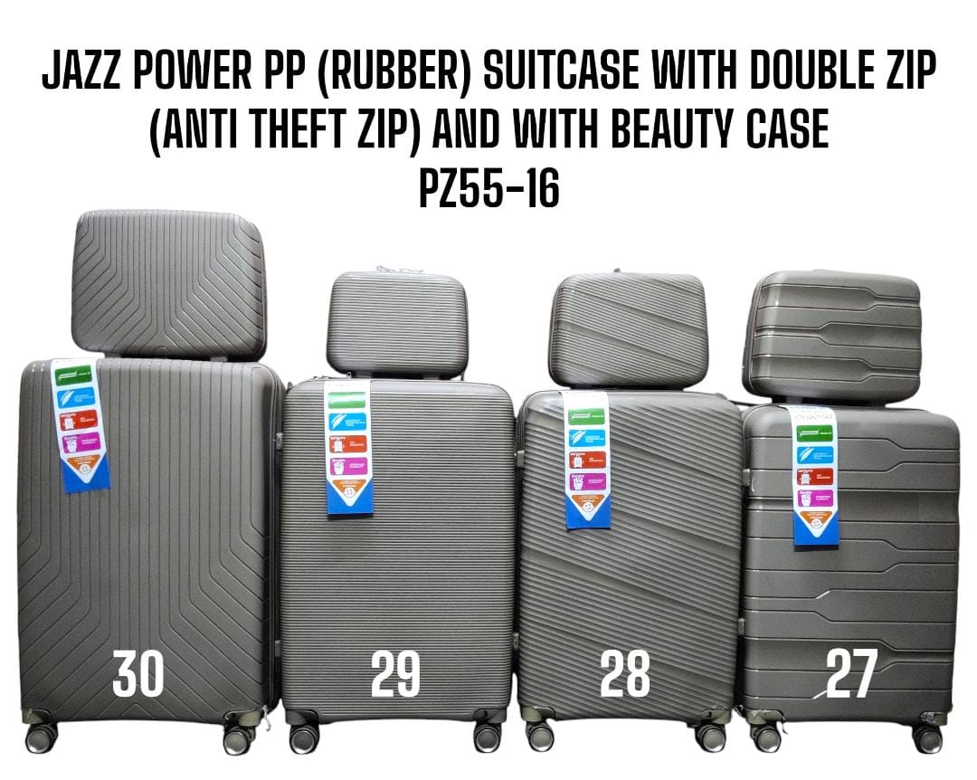 4 in 1 JAZZ POWER PP* *(RUBBER) SUITCASE* *WITH DOUBLE ZIP (ANTI* THEFT ZIP) AND WITH BEAUTY CASE.PZ55-16 Stylish travel suitcase made from durable fibre
Comes with a set 360-degree wheels for conveni