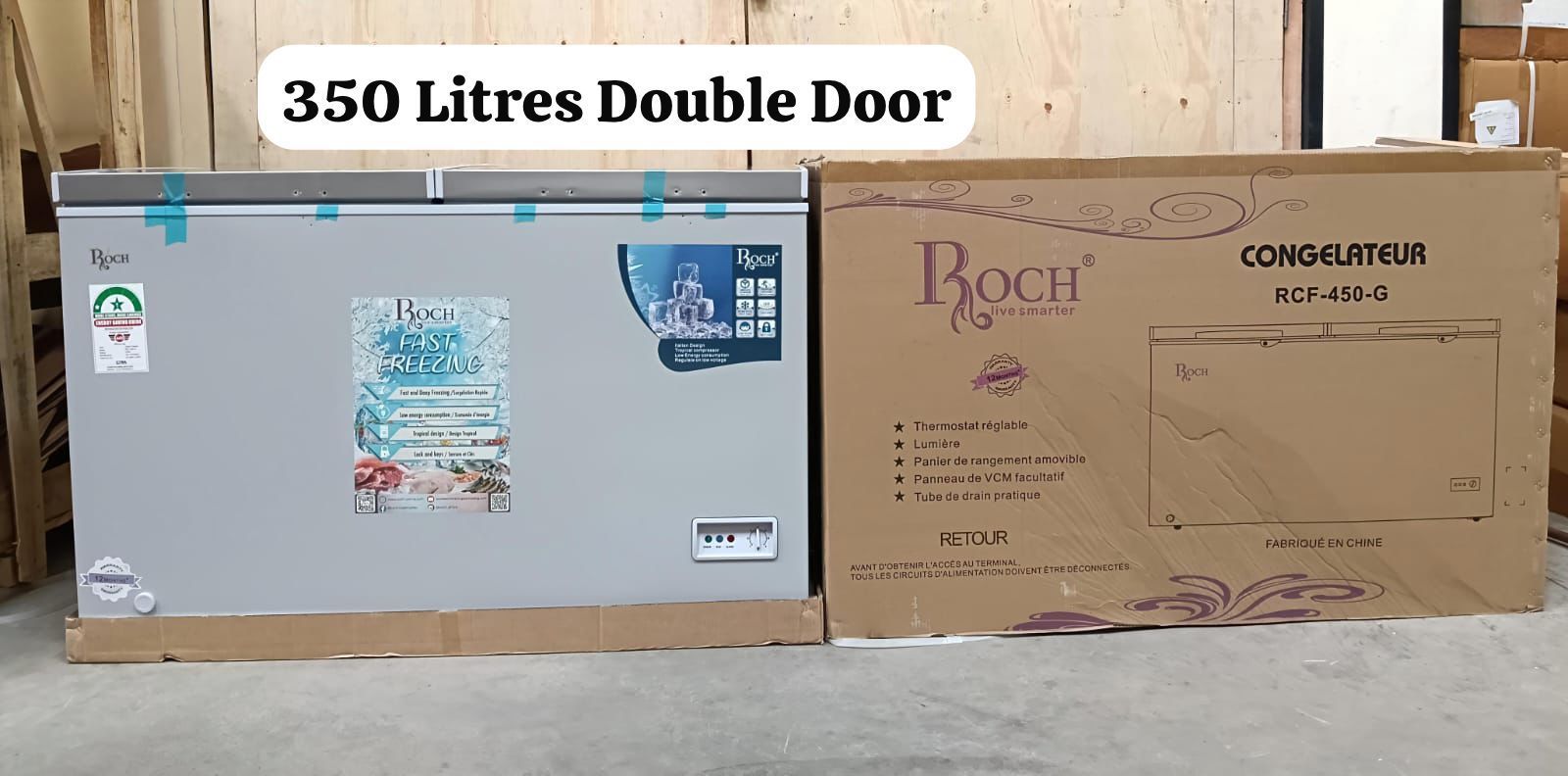 ROCH 350L Chest Freezer (RCF-450-G) is built for ultimate storage with a cool pack system, sliding glass top, and secure lock & key. Spacious, durable, and energy-efficient — perfect for homes, shops,
