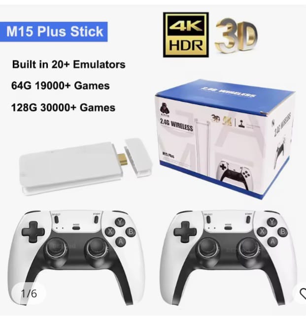 M15 Plus Game Stick Pro, which is a type of retro video game console designed for plug-and-play use with a TV or monitor. 
This gaming system typically includes:
M15 Plus Console/Game Stick: A compact