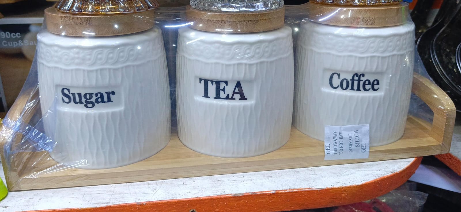 3pcs Ceramic Canisters Set 500ml with Airtight Lids and Bamboo Stand. Ideal for Kitchen Storage of Sugar, Coffee, Tea, and Spices – Modern White Jars with Natural Wood Base