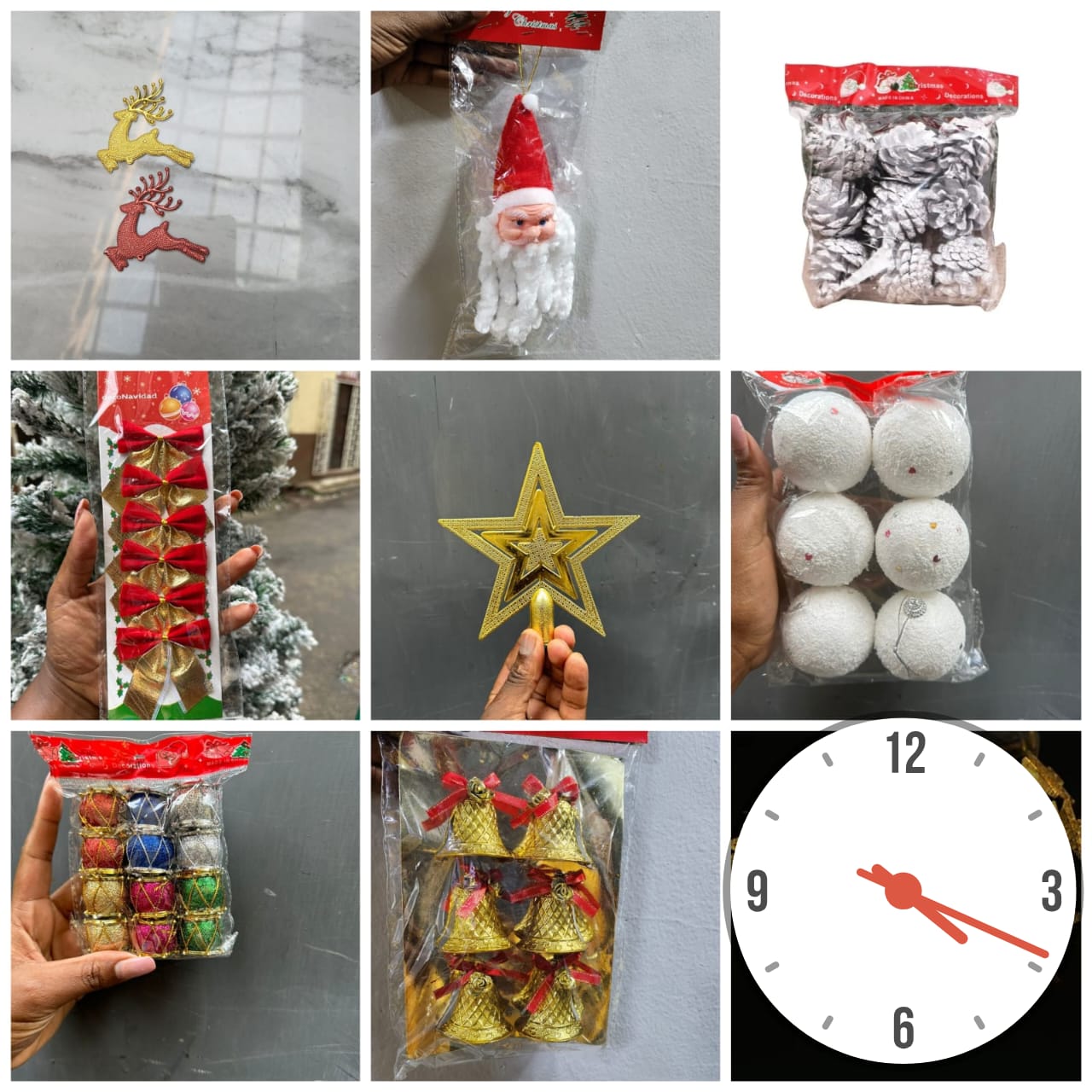 Package 1. It features ✅2 deers 1 father Christmas✅ 6 cones✅6 bows✅ 1 star✅ 6 balls✅ 12 drums✅ 6 bells. Inspired to lighten up the Xmas season.