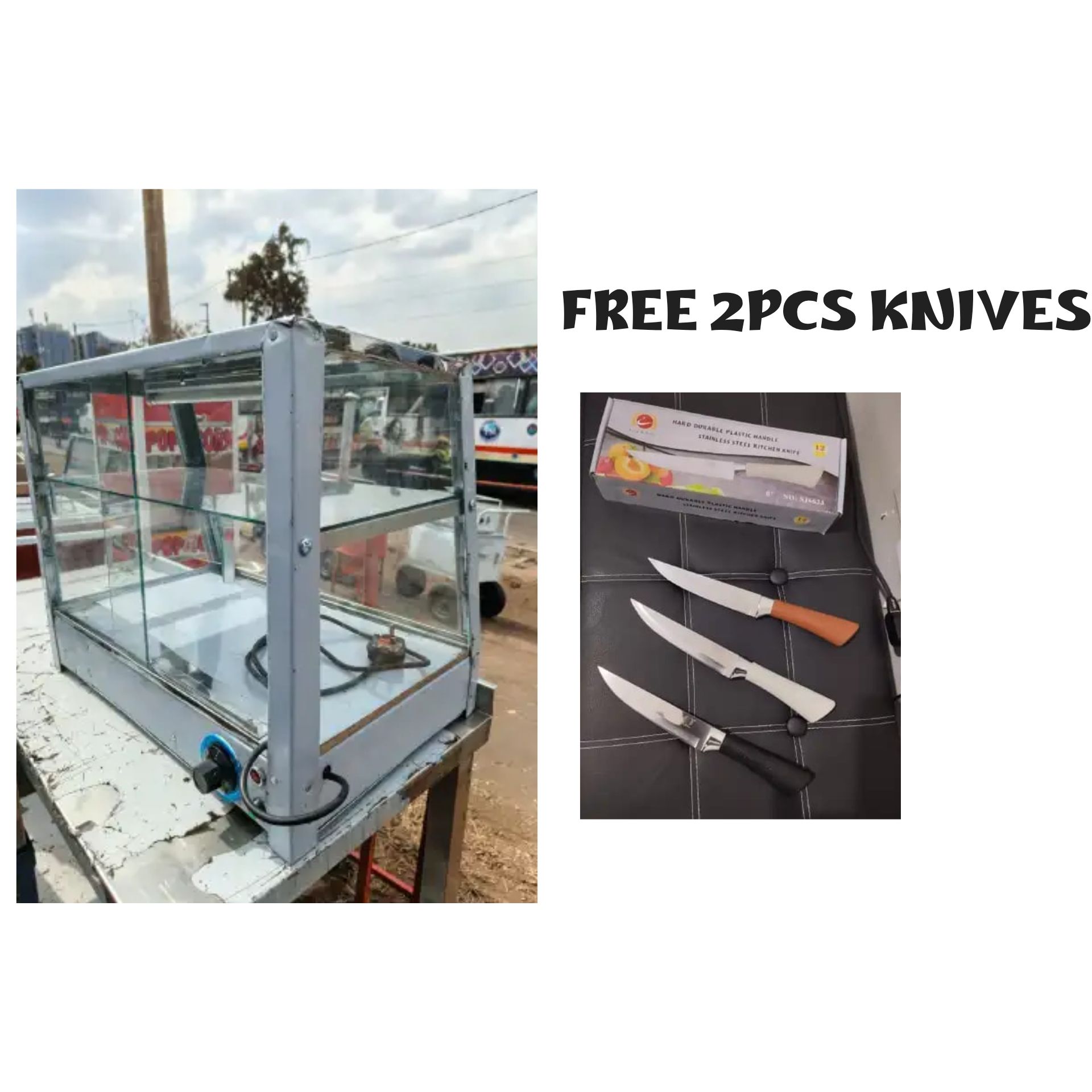 electric chips display warmer and a set of 2pcs kitchen knives. Food Warmer/Display Cabinet: This is a small, countertop appliance, likely used in a commercial setting like a restaurant or bakery to k