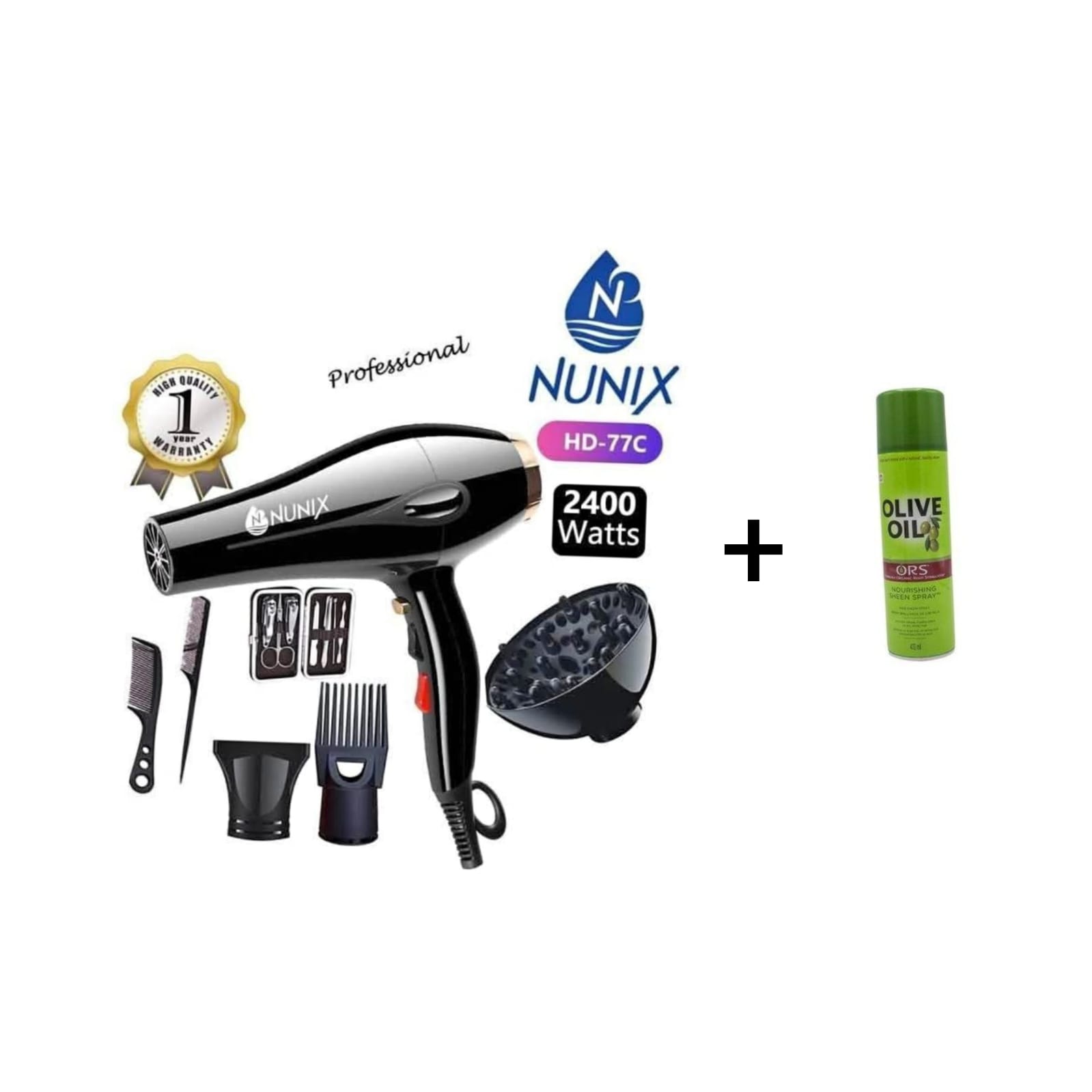 Give your hair the care and shine it deserves with this powerful Nunix HD-77C 2400W Professional Hair Dryer paired with Olive Oil ORS Hair Spray. The perfect combo for smooth, shiny, and healthy-looki
