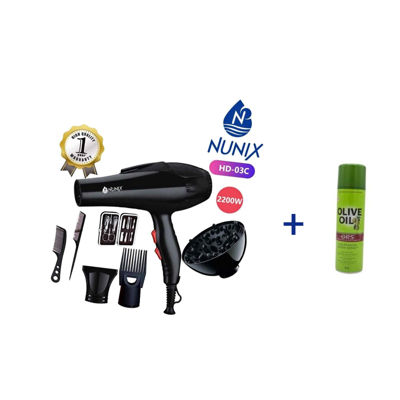 Nunix HD-03C 2400W Professional Hair Dryer paired with Olive Oil ORS Hair Spray. Designed for salon-quality results, smooth styling, and natural shine.Salon performance meets natural care —