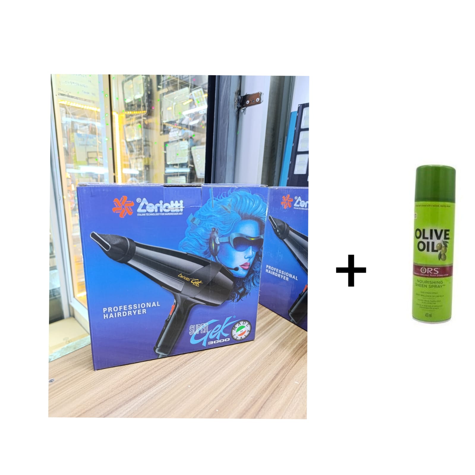 Zeriotti Super Gek Hair Dryer paired with Olive Oil ORS Hair Spray. Perfect for fast drying, smooth styling, and healthy, glossy hair at home or in the salon.Get professional hair styling and natural