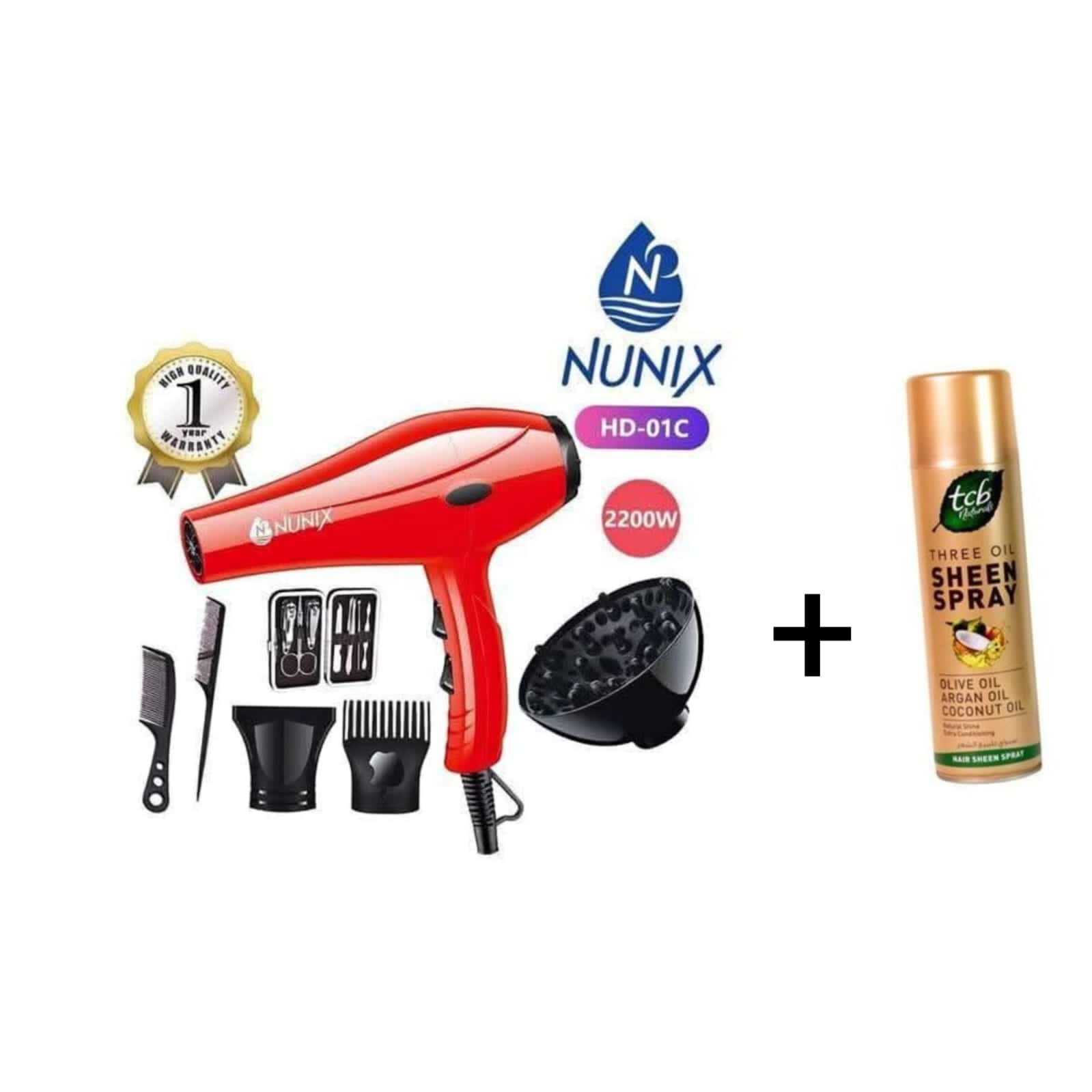 Achieve salon-quality styling and natural shine at home with this Nunix HD-01C 2200W Professional Hair Dryer paired with TCB Natural Sheen Spray. Ideal for fast drying, smooth styling, and healthy,