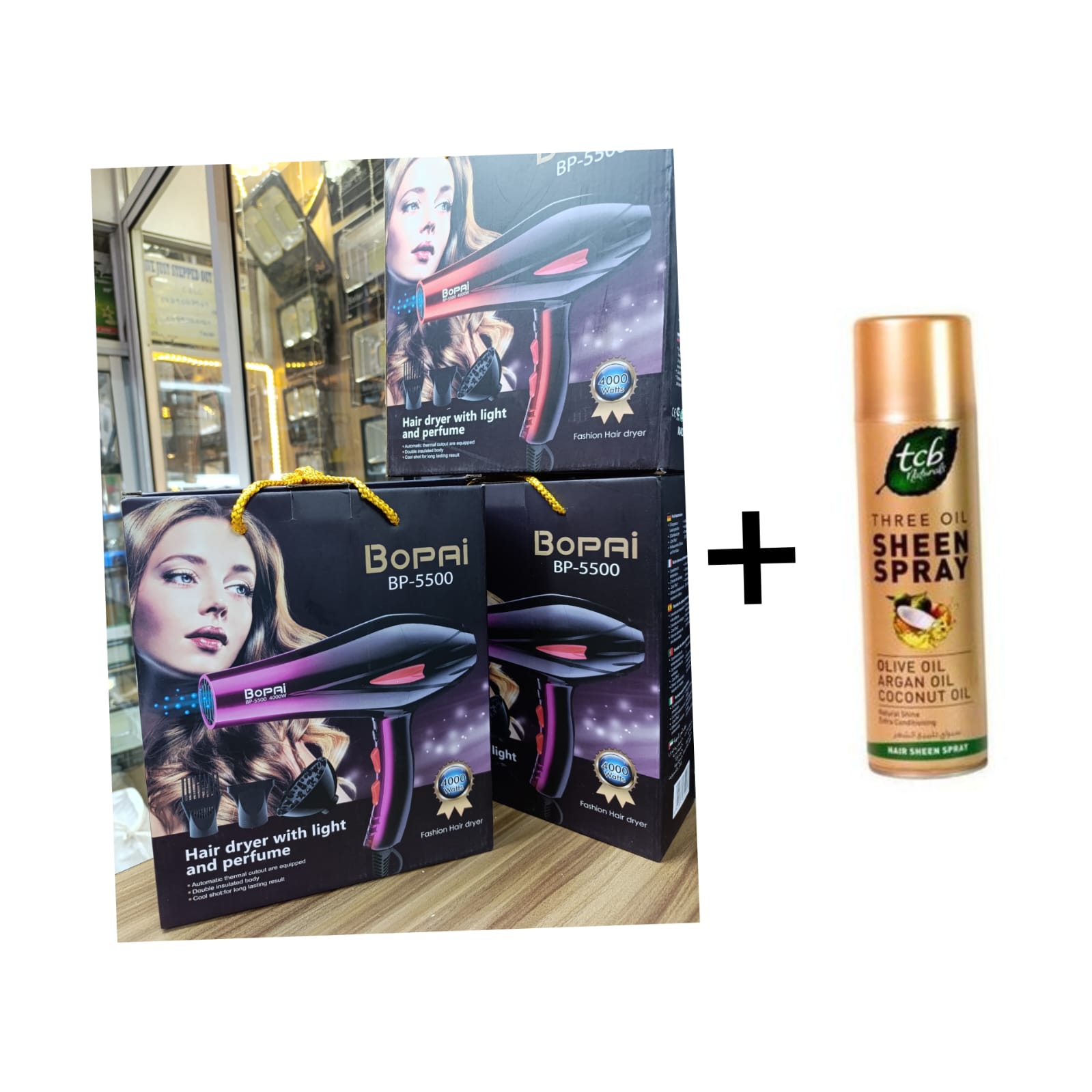 Style your hair like a pro with the Bopai BP-5500 Professional Hair Dryer paired with TCB Natural Sheen Spray. This combo delivers fast drying, smooth styling, and healthy, glossy hair — perfect for h