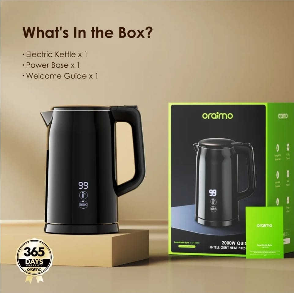 Oraimo Smart Kettle Byte OH-K500 – 2000W, 304 Stainless Steel Electric Kettle ⚡
Brew your favorite drinks faster and smarter with the Oraimo Smart Kettle Byte OH-K500! Crafted from high-quality 304 st