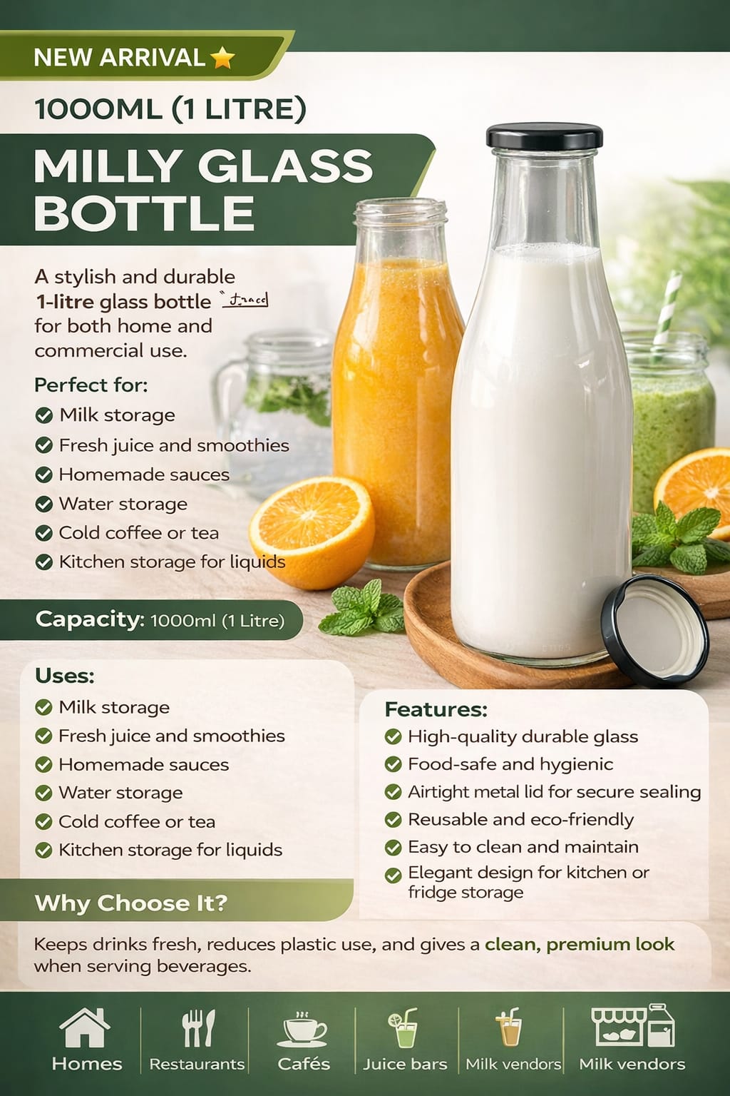 Milly Glass Bottle – 1000ml Keep your drinks fresh, safe, and healthy with this high-quality glass bottle.
✔️ Perfect for milk, juice, or water
✔️ Durable & reusable – eco-friendly choice 🌍
✔️ Elegan