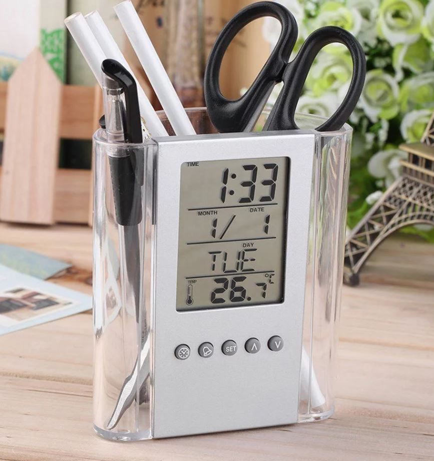 Multi-Functions LCD Digital Clock Desk Pen Holder Organizer for Home, Office Gift Item