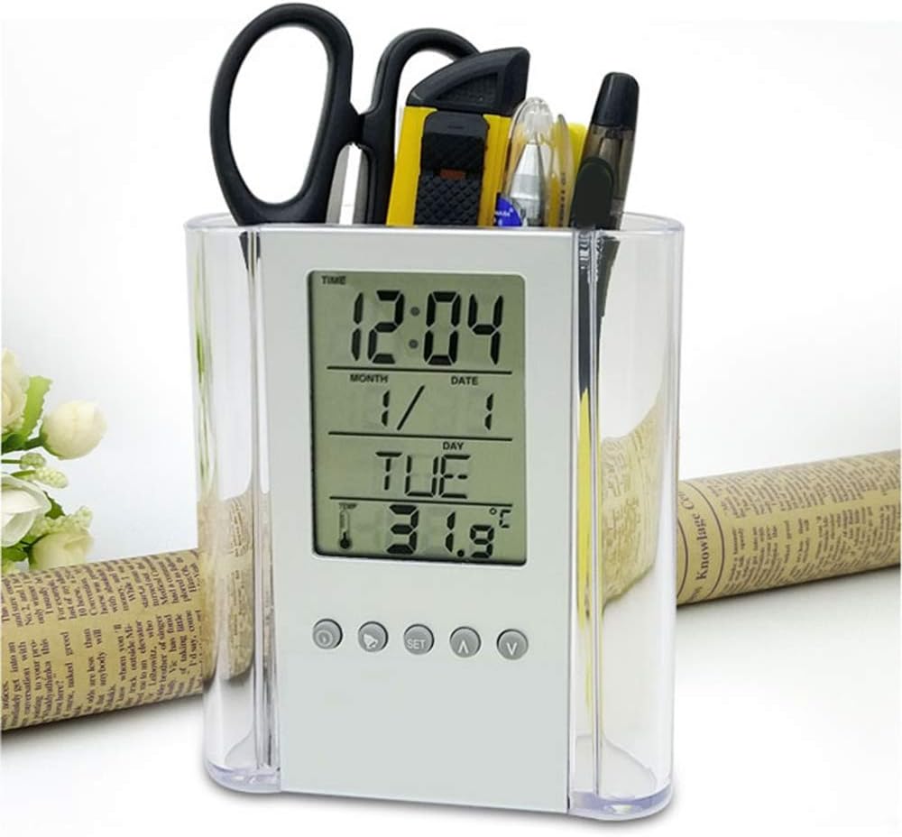 Multi-Functions LCD Digital Clock Desk Pen Holder Organizer for Home, Office Gift Item