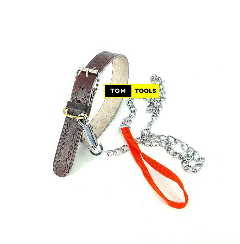 Genuine Leather Collar and 1.2m Chain Leash for Medium Size Dogs