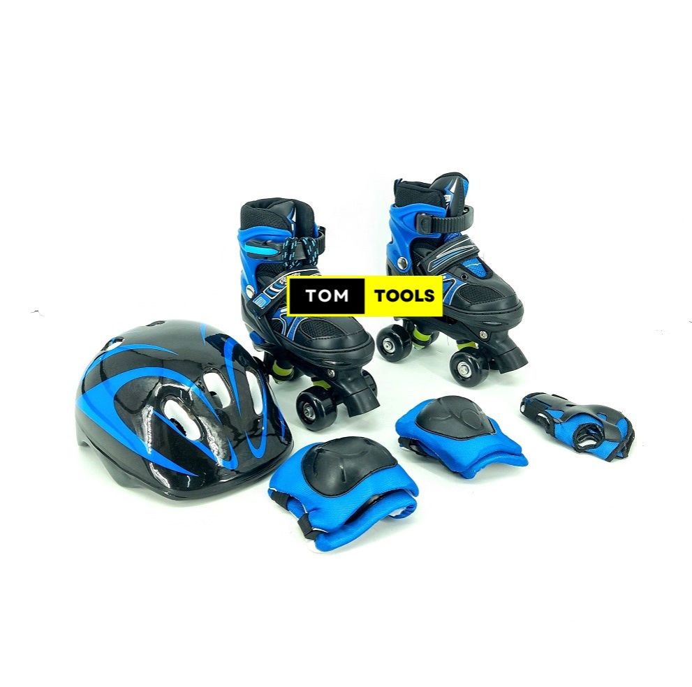 BLUE Size 28 to 31 Adjustable Kids Roller Skates Quad Skates and Safety Gear