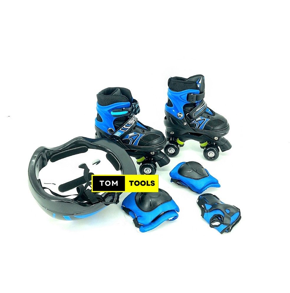 BLUE Size 28 to 31 Adjustable Kids Roller Skates Quad Skates and Safety Gear