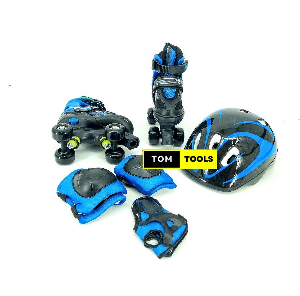 BLUE Size 28 to 31 Adjustable Kids Roller Skates Quad Skates and Safety Gear