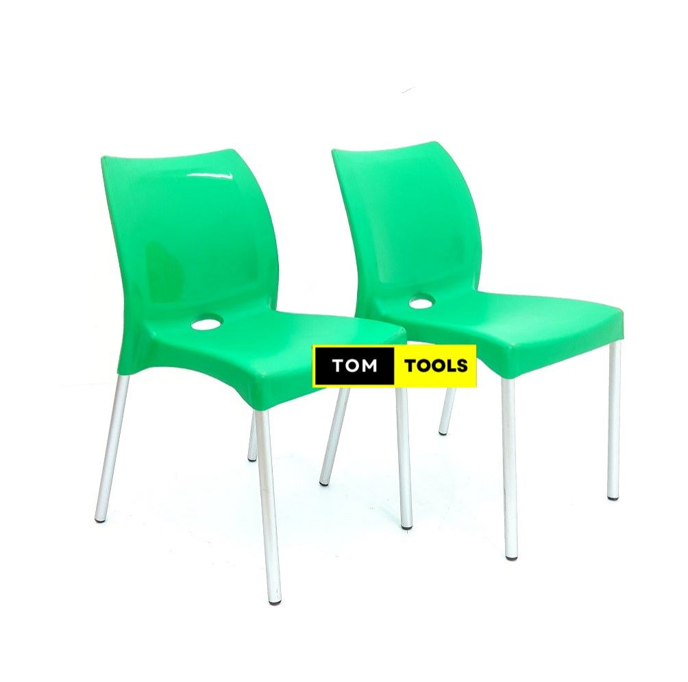 2PCS PAIR GREEN Strong Armless Comfortable Plastic Chair with Metal Tubing Legs