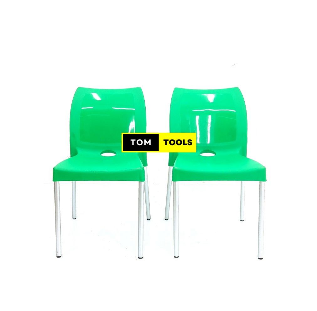 2PCS PAIR GREEN Strong Armless Comfortable Plastic Chair with Metal Tubing Legs